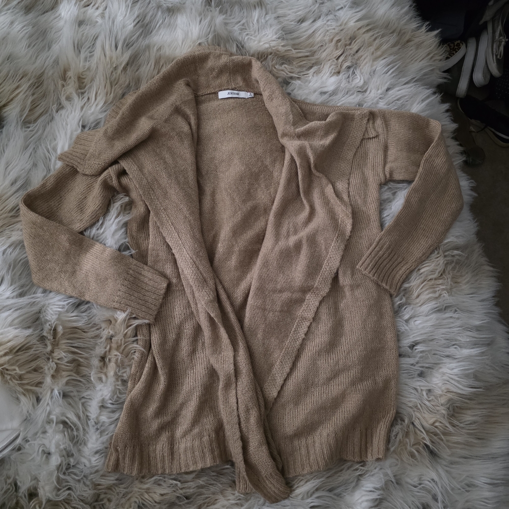 JustFab Open-Front Knit Cardigan in Taupe